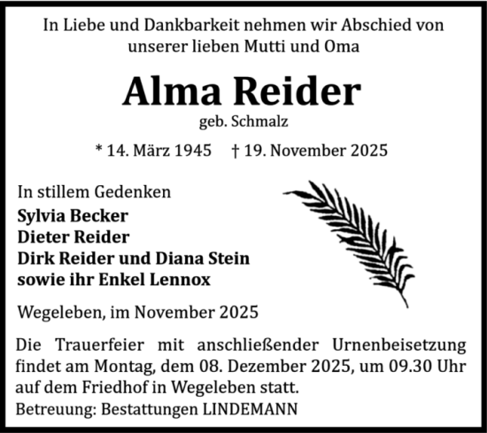Traueranzeige von Alma Reider von Volksstimme Halberstadt