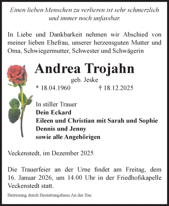Traueranzeige von Andrea Trojahn von Volksstimme Wernigerode