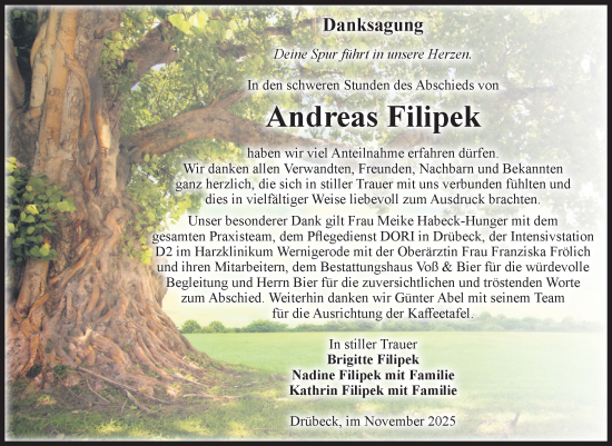 Traueranzeige von Andreas Filipek von Volksstimme Wernigerode