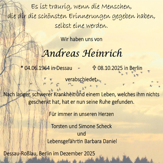 Traueranzeige von Andreas Heinrich von Mitteldeutsche Zeitung Dessau-Roßlau