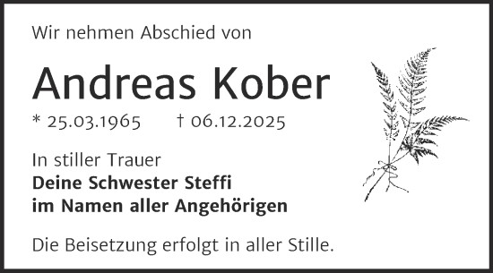 Traueranzeige von Andreas Kober von Trauerkombi Sangerhausen