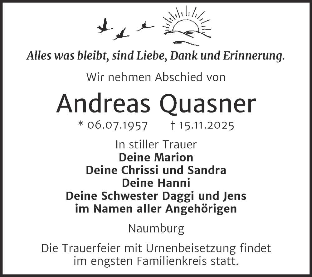  Traueranzeige für Andreas Quasner vom 29.11.2025 aus Super Sonntag Naumburg/Nebra