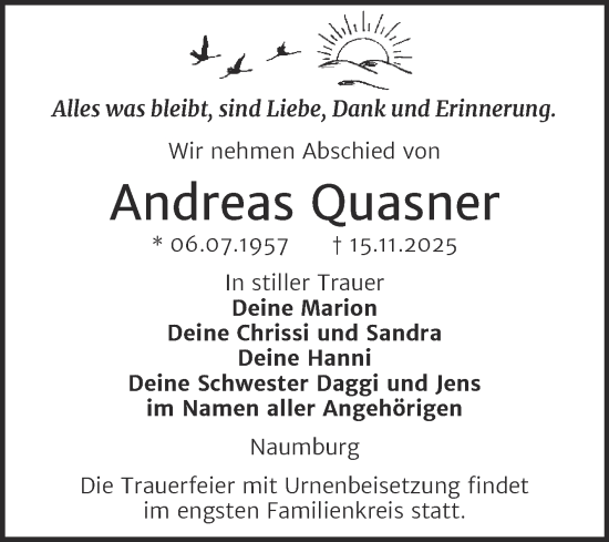 Traueranzeige von Andreas Quasner von Super Sonntag Naumburg/Nebra