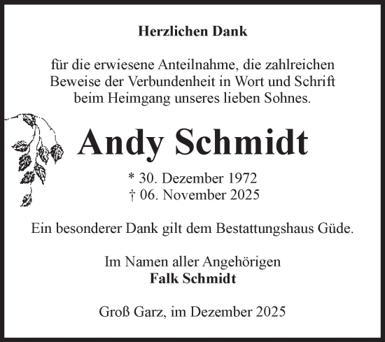 Traueranzeige von Andy Schmidt von Volksstimme Altmark Ost