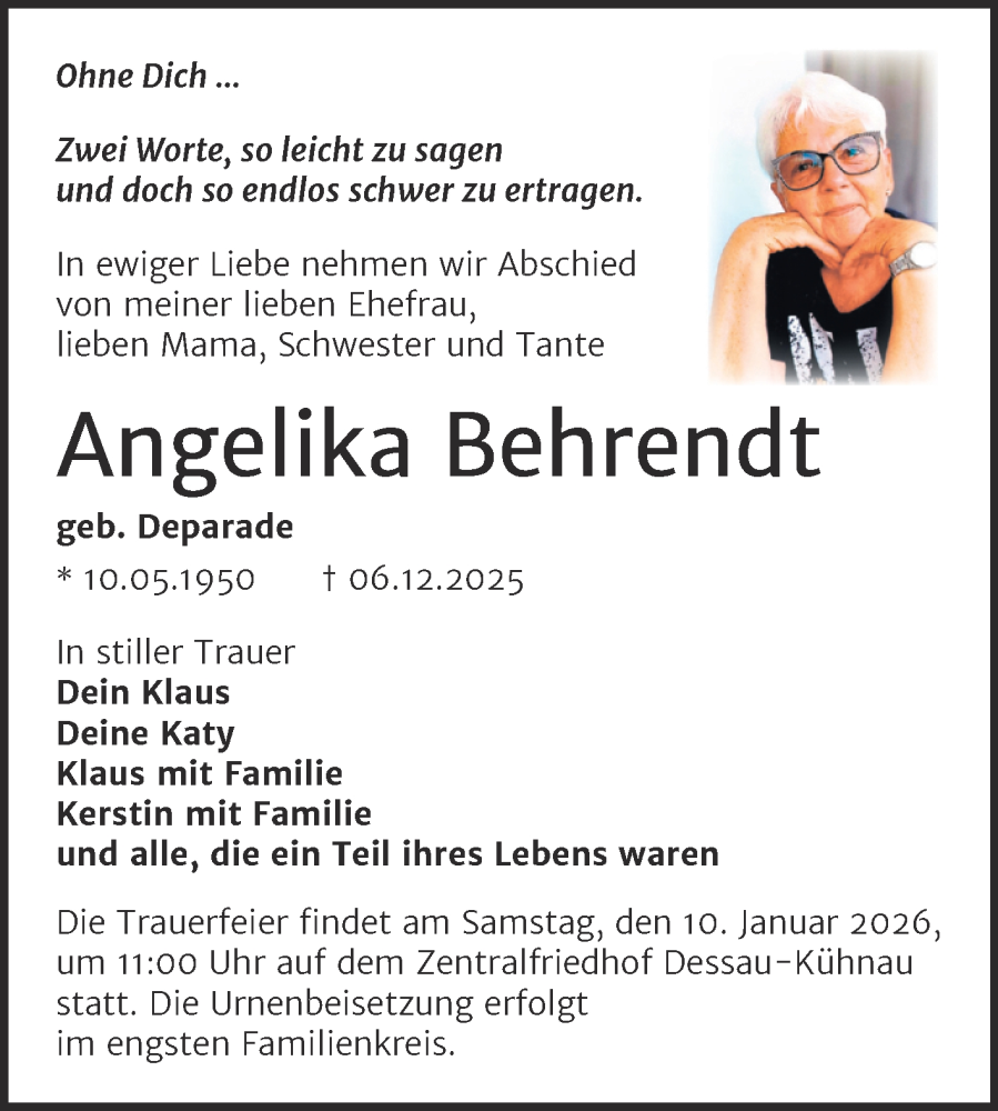  Traueranzeige für Angelika Behrendt vom 20.12.2025 aus Trauerkombi Dessau