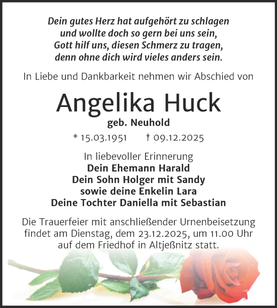 Traueranzeige von Angelika Huck von Trauerkombi Bitterfeld