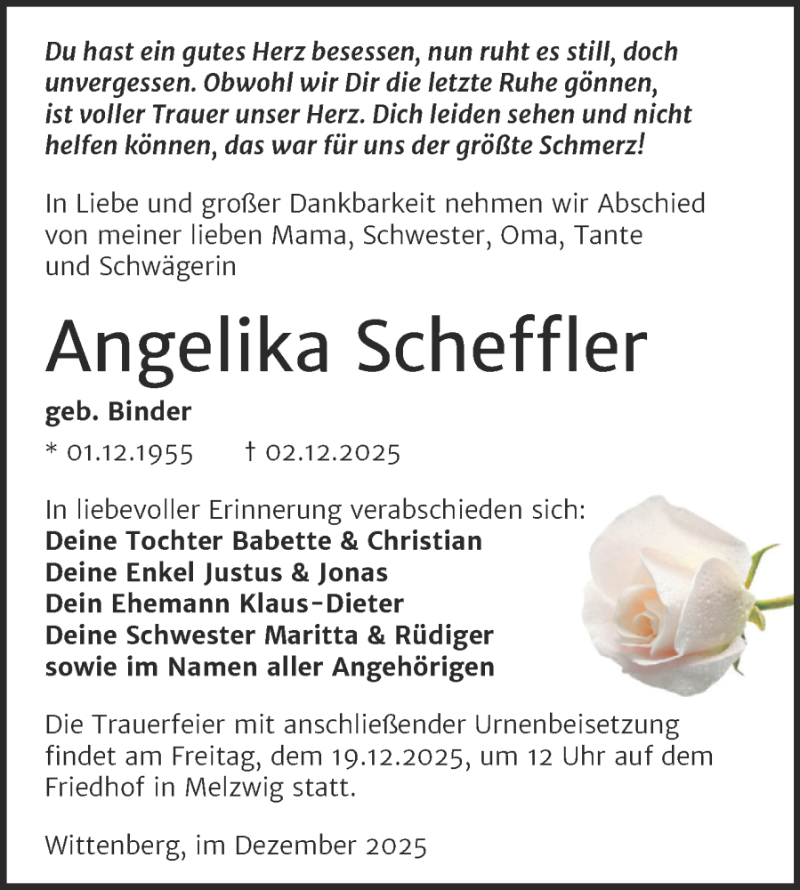  Traueranzeige für Angelika Scheffler vom 13.12.2025 aus Trauerkombi Wittenberg