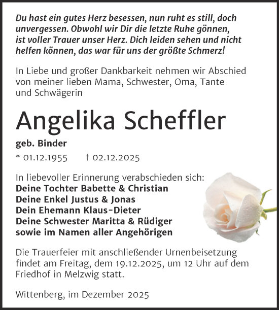 Traueranzeige von Angelika Scheffler von Trauerkombi Wittenberg
