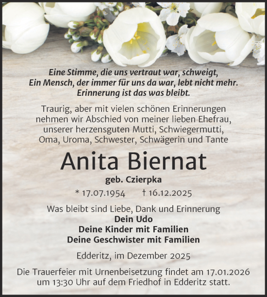 Traueranzeige von Anita Biernat von Trauerkombi Köthen