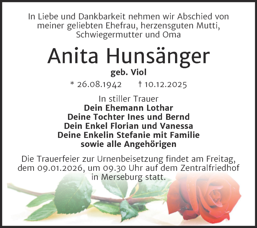  Traueranzeige für Anita Hunsänger vom 27.12.2025 aus Trauerkombi Merseburg