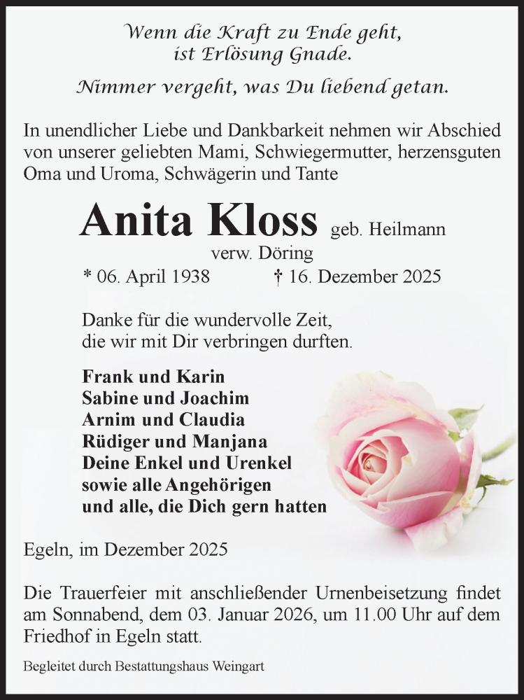  Traueranzeige für Anita Kloss vom 20.12.2025 aus Volksstimme Staßfurt