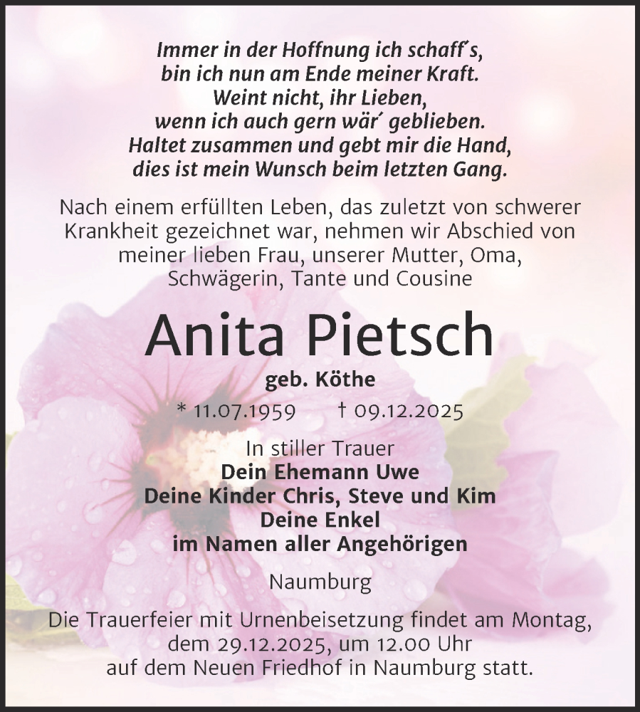  Traueranzeige für Anita Pietsch vom 20.12.2025 aus Super Sonntag Naumburg/Nebra