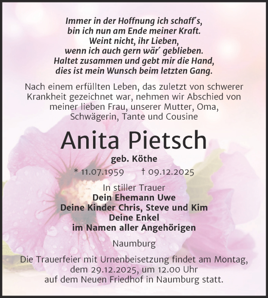 Traueranzeige von Anita Pietsch von Super Sonntag Naumburg/Nebra