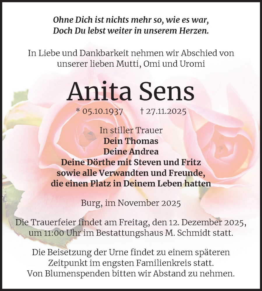  Traueranzeige für Anita Sens vom 06.12.2025 aus Volksstimme Burg/Genthin