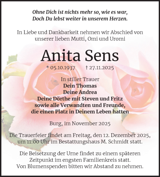 Traueranzeige von Anita Sens von Volksstimme Burg/Genthin