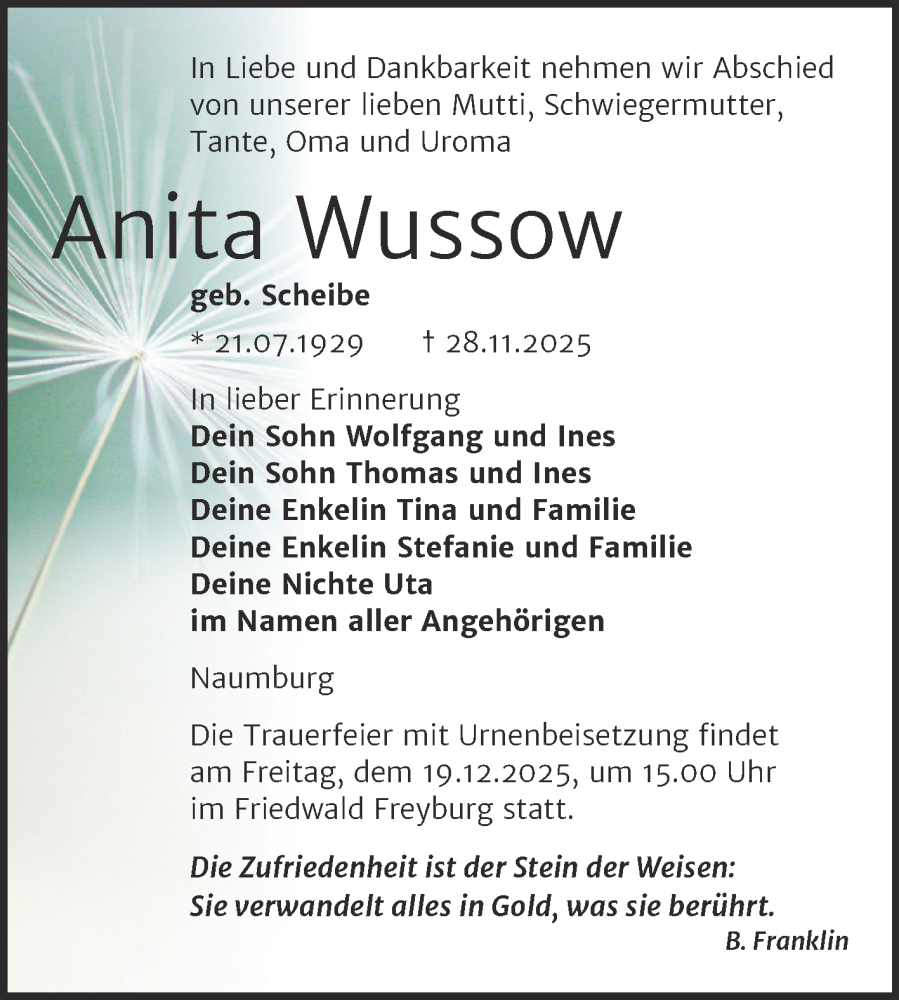  Traueranzeige für Anita Wussow vom 13.12.2025 aus Super Sonntag Naumburg/Nebra