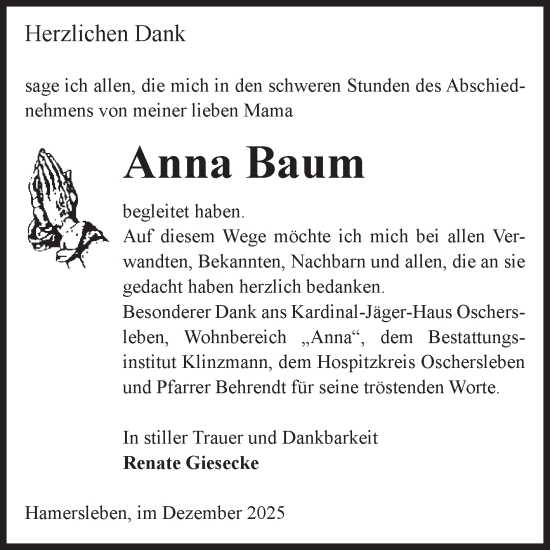 Traueranzeige von Anna Baum von Volksstimme Oschersleben/Wanzleben