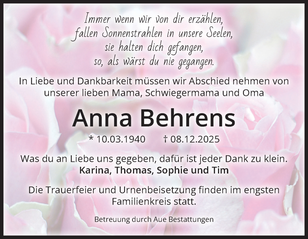  Traueranzeige für Anna Behrens vom 20.12.2025 aus Volksstimme Magdeburg