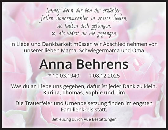 Traueranzeige von Anna Behrens von Volksstimme Magdeburg