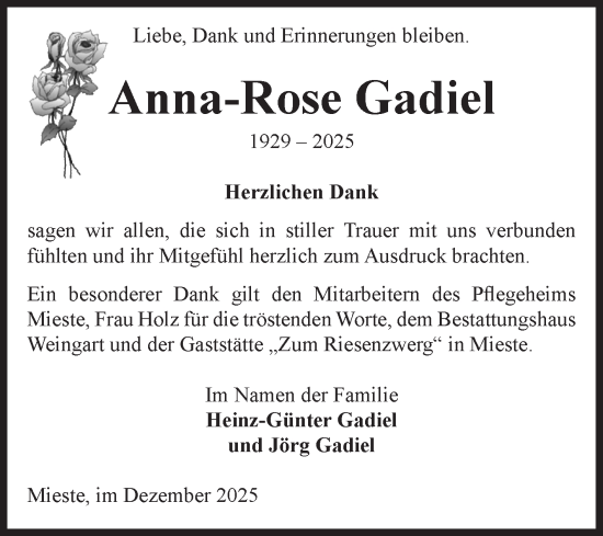 Traueranzeige von Anna-Rose Gadiel von Volksstimme Altmark West