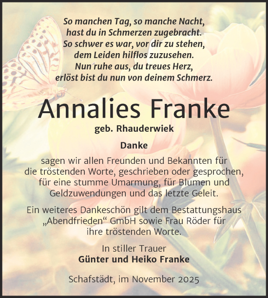 Traueranzeige von Annalies Franke von Trauerkombi Merseburg