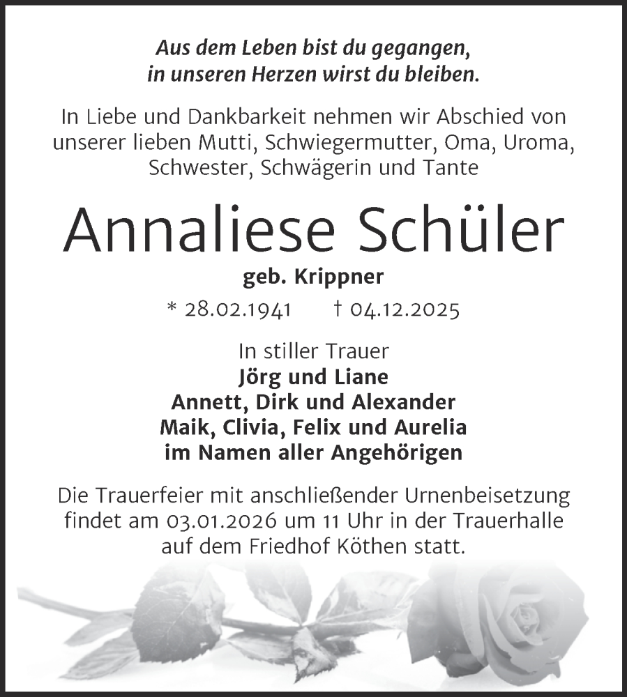  Traueranzeige für Annaliese Schüler vom 20.12.2025 aus Trauerkombi Köthen
