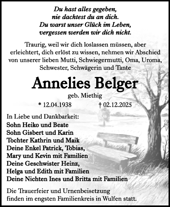 Traueranzeige von Annelies Belger von Trauerkombi Köthen