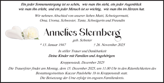 Traueranzeige von Annelies Sternberg von Volksstimme Oschersleben/Wanzleben