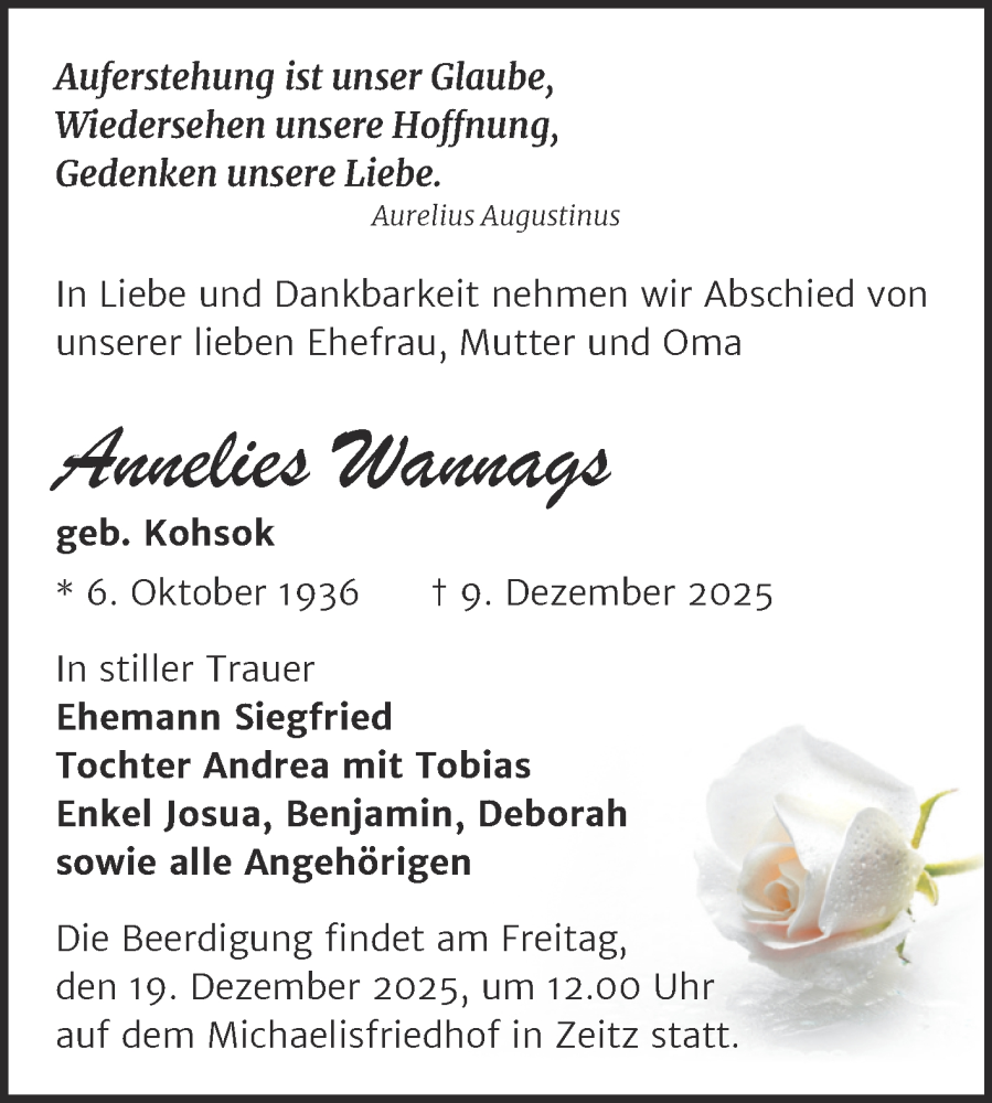  Traueranzeige für Annelies Wannags vom 20.12.2025 aus Trauerkombi Zeitz