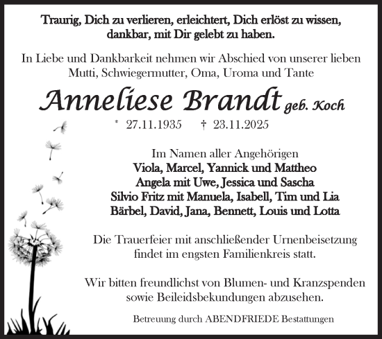 Traueranzeige von Anneliese Brandt von Volksstimme Haldensleben/Wolmirstedt