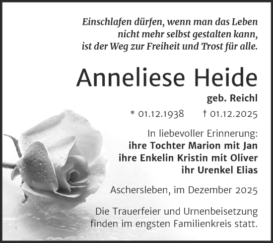 Traueranzeige von Anneliese Heide von Trauerkombi Aschersleben