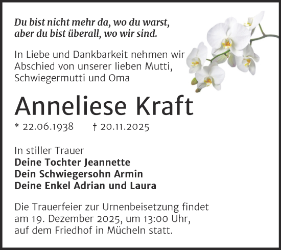 Traueranzeige von Anneliese Kraft von Trauerkombi Merseburg