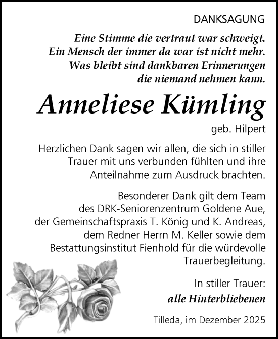 Traueranzeige von Anneliese Kümling von Trauerkombi Sangerhausen