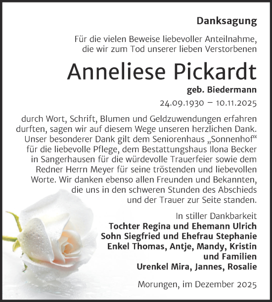 Traueranzeige von Anneliese Pickardt von Trauerkombi Sangerhausen