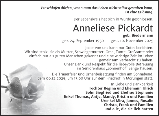 Traueranzeige von Anneliese Pickardt von Trauerkombi Sangerhausen