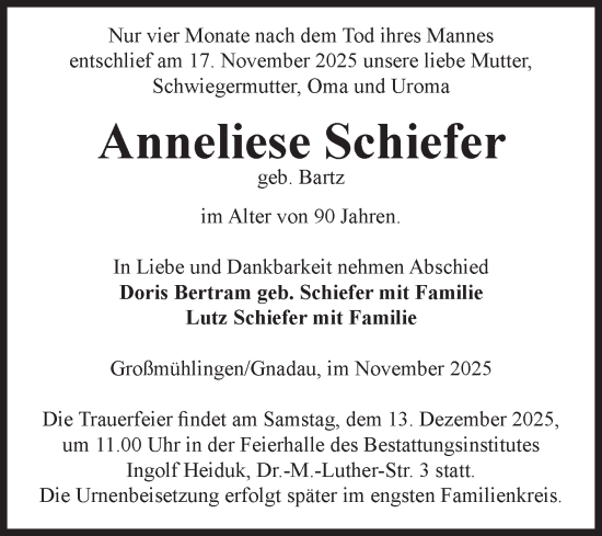 Traueranzeige von Anneliese Schiefer von Volksstimme Schönebeck