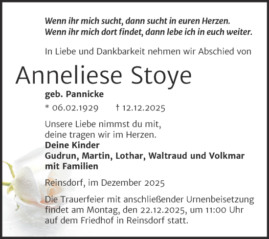 Traueranzeige von Anneliese Stoye von Trauerkombi Köthen