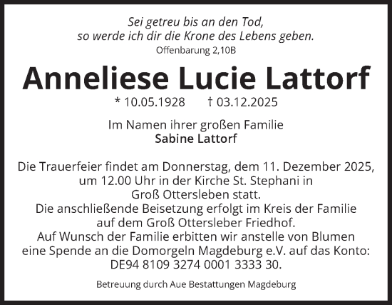 Traueranzeige von Anneliese Lucie Lattorf von Volksstimme Magdeburg