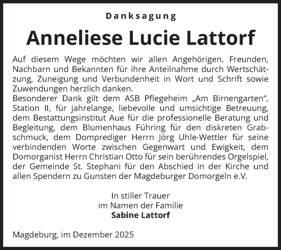 Traueranzeige von Anneliese Lucie Lattorf von Volksstimme Magdeburg