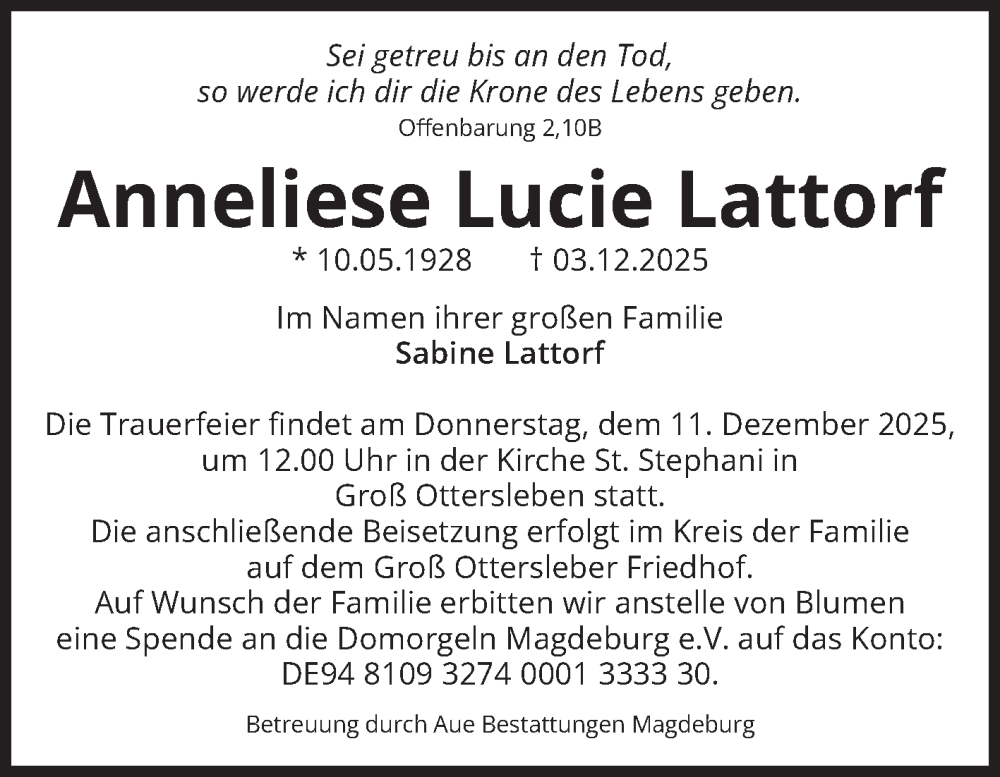  Traueranzeige für Anneliese Lucie Lattorf vom 06.12.2025 aus Volksstimme Magdeburg