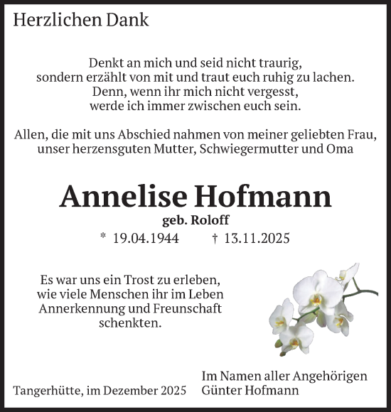 Traueranzeige von Annelise Hofmann von Volksstimme Altmark Ost