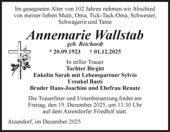 Traueranzeige von Annemarie Wallstab von Volksstimme Staßfurt