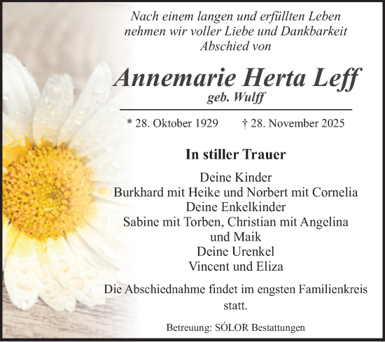 Traueranzeige von Annemarie Herta Leff von Volksstimme Magdeburg
