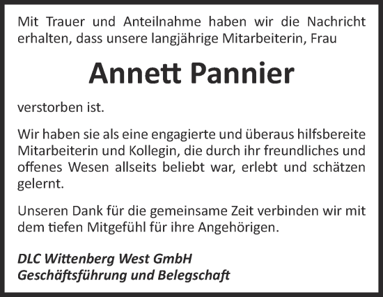 Traueranzeige von Annett Pannier 