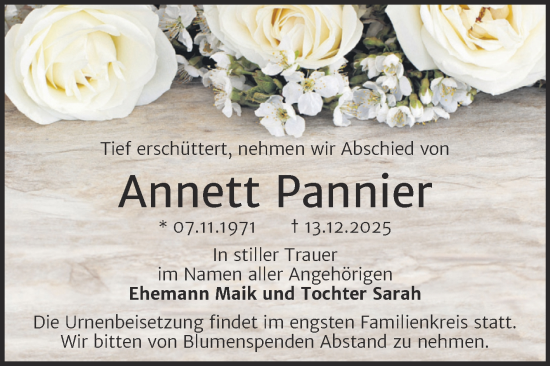 Traueranzeige von Annett Pannier von Trauerkombi Wittenberg