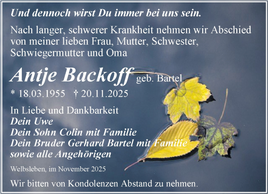 Traueranzeige von Antje Backoff von Trauerkombi Aschersleben