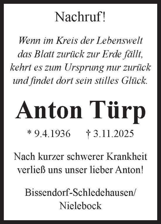 Traueranzeige von Anton Türp von Volksstimme Burg/Genthin