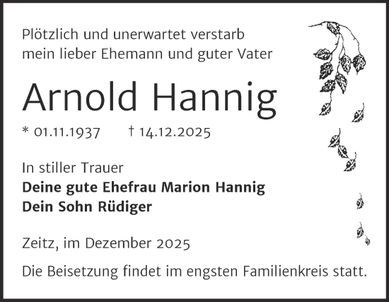 Traueranzeige von Arnold Hannig von Trauerkombi Zeitz