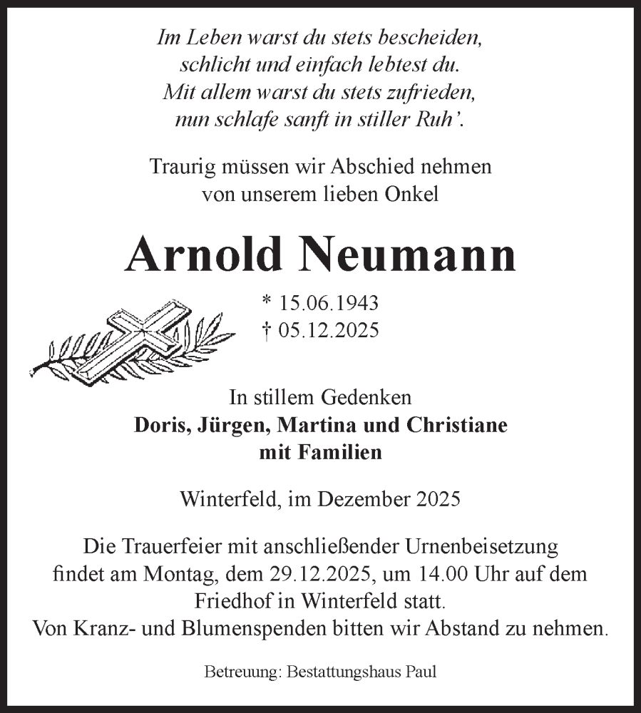  Traueranzeige für Arnold Neumann vom 13.12.2025 aus Volksstimme Altmark West
