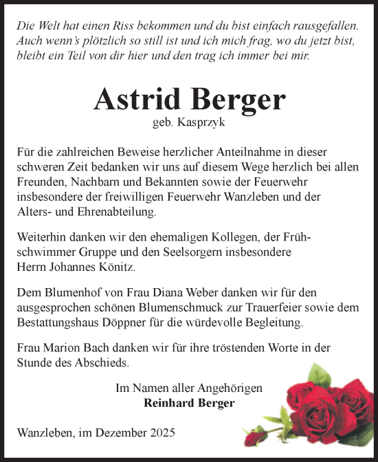 Traueranzeige von Astrid Berger von Volksstimme Oschersleben/Wanzleben
